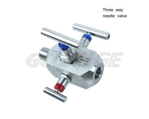 Three way needle valve for pressure gauges